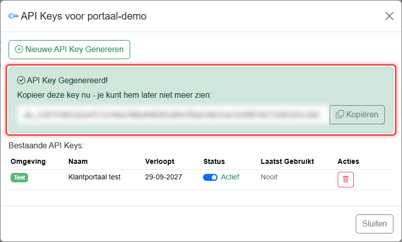 Gegenereerde API-sleutel