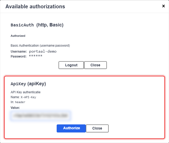 Authorize-venster in Swagger