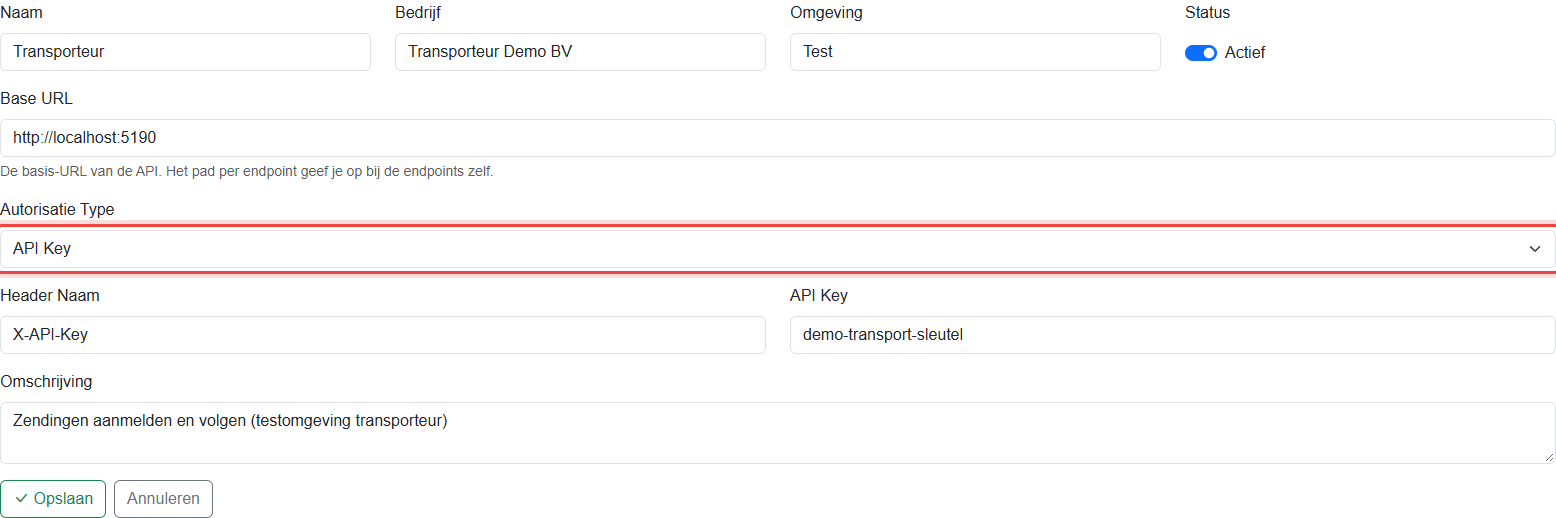 Connectie Transporteur met API Key