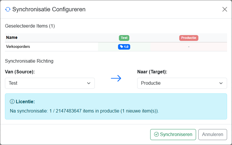 Synchronisatiedialoog voor een dataset