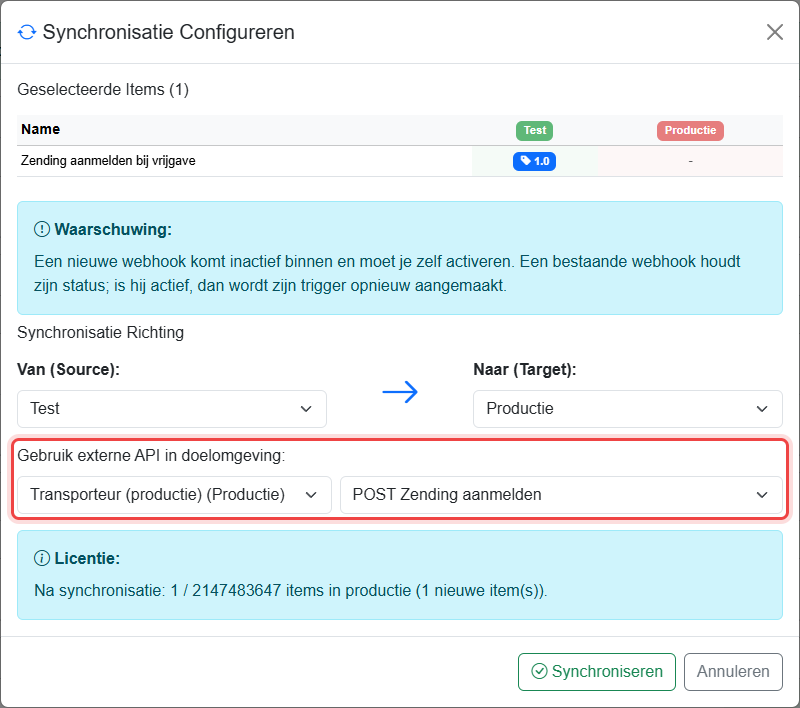 Synchronisatiedialoog voor een webhook
