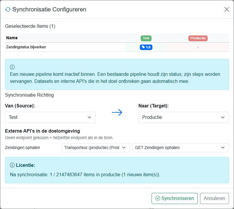 Synchronisatiedialoog voor een pipeline
