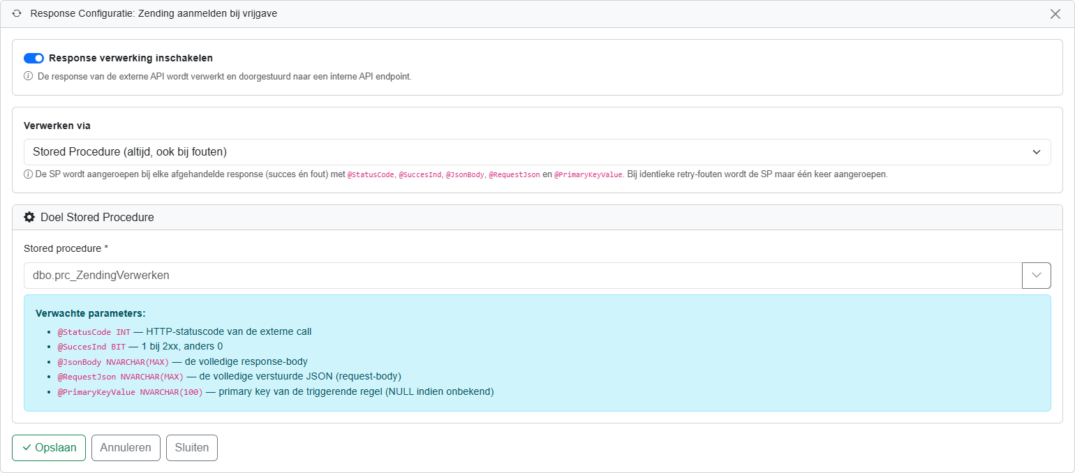 Responseverwerking via stored procedure