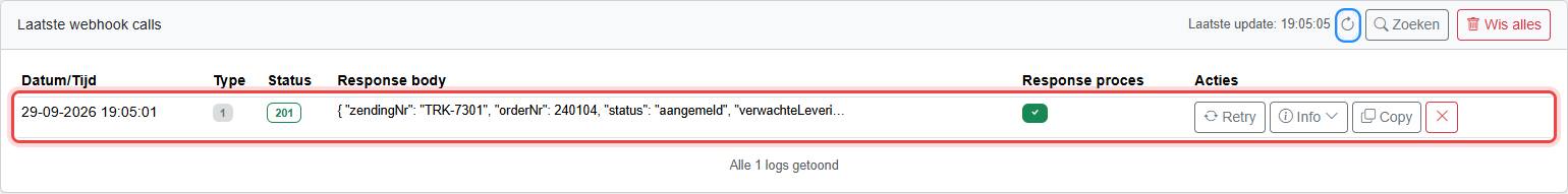 Webhooklog met een geslaagde aanroep